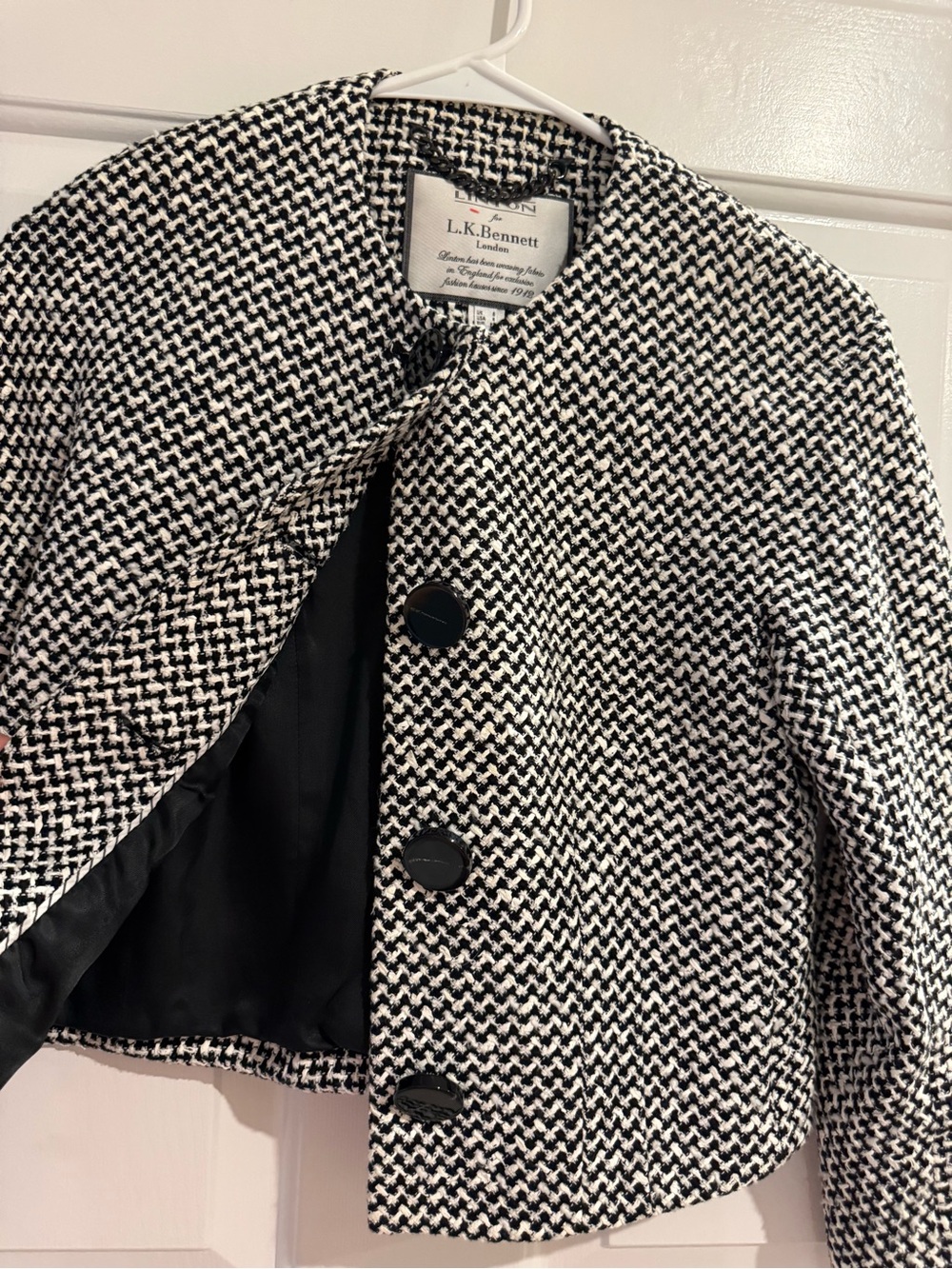 L.K. Bennett Black White Houndstooth Linton Tweed Cropped Jacket Size 4